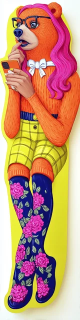 Free bear bookmarks for adults featuring a sitting bear with glasses on a phone with yellow tones